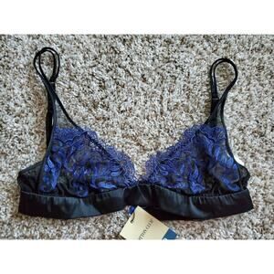 Cotton Club Black & Blue Lace Bralette – 34B – Unpadded Wireless – NWT